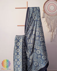 Close up of natural indigo modal silk Ajrakh block print saree