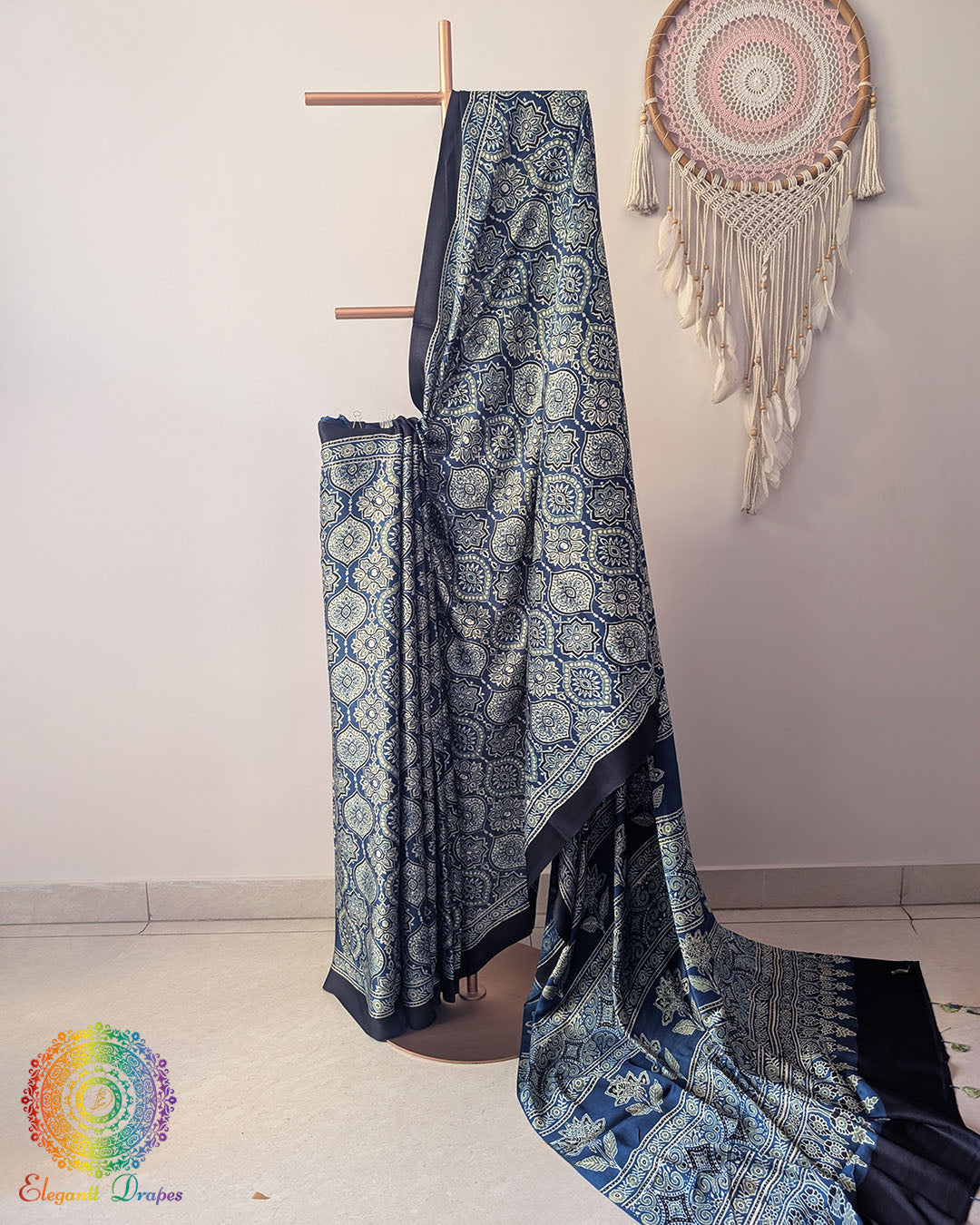 Natural indigo modal silk Ajrakh saree drape view