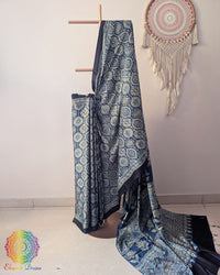 Natural indigo modal silk Ajrakh saree drape view