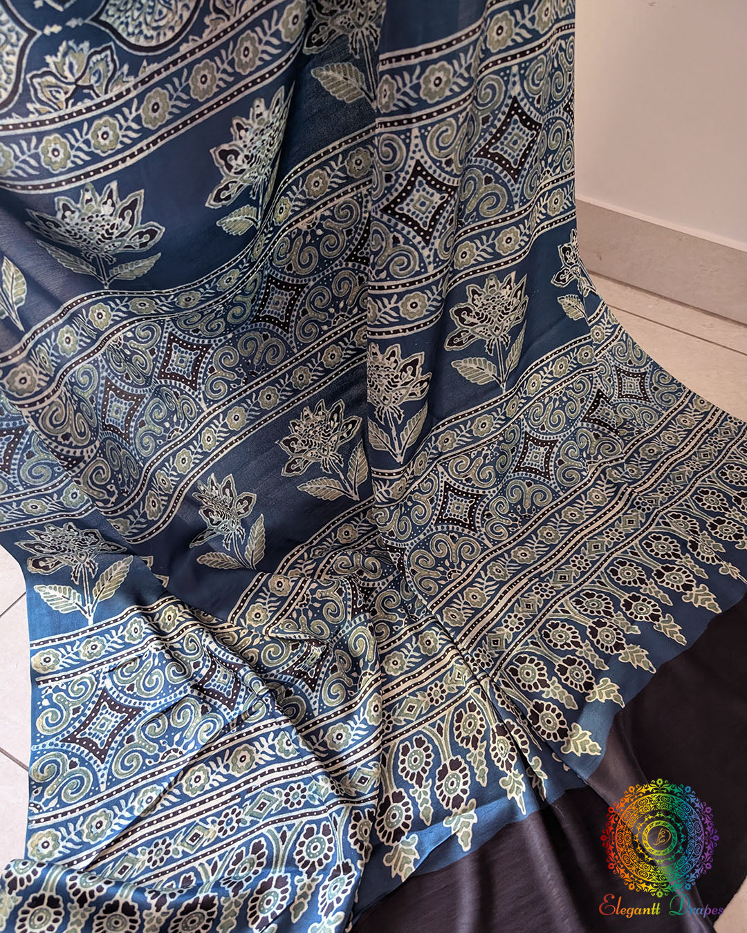 Natural indigo modal silk Ajrakh saree drape view