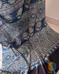 Natural indigo modal silk Ajrakh saree drape view