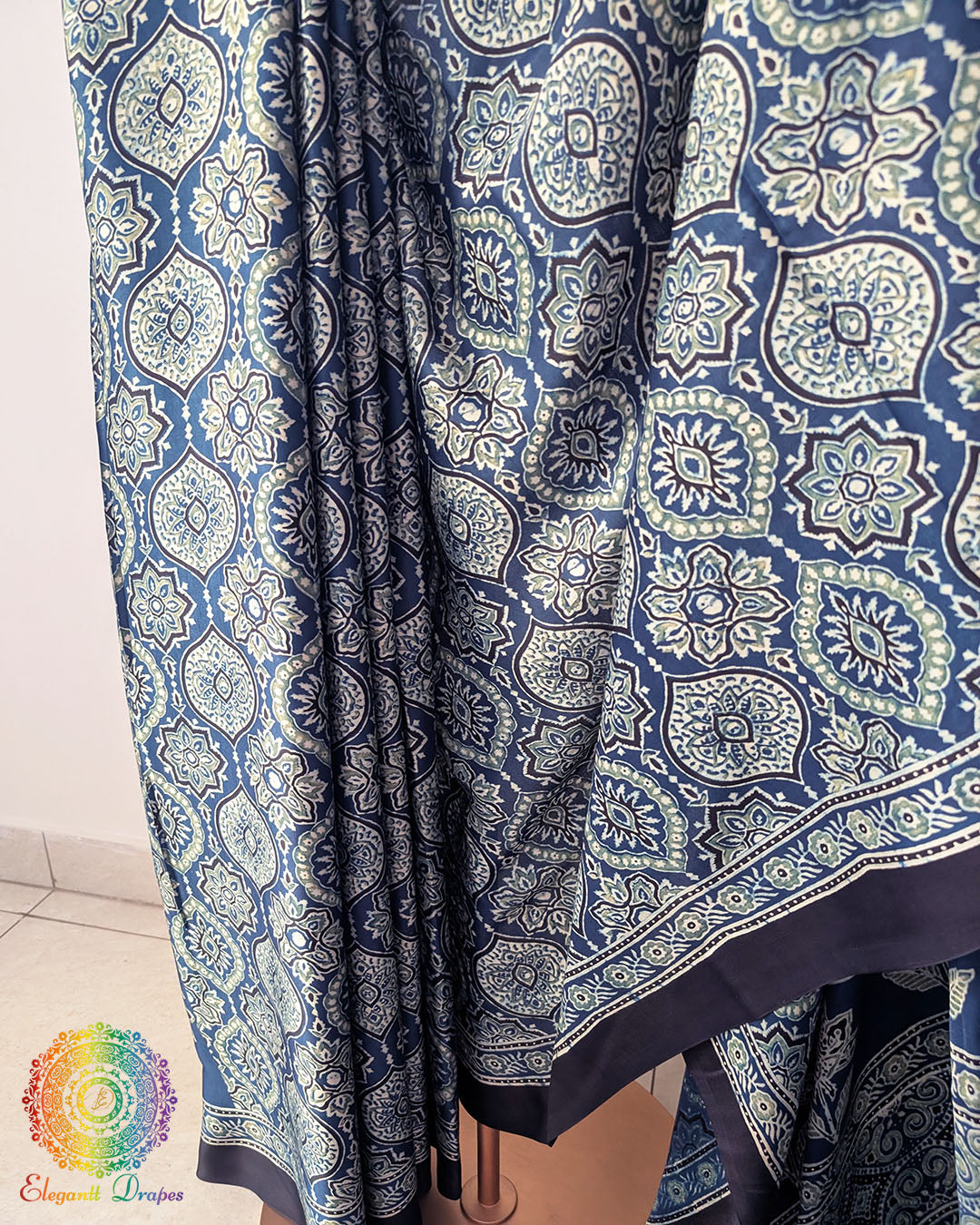 Natural indigo modal silk Ajrakh saree palla view