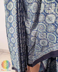 Natural indigo modal silk Ajrakh saree palla view