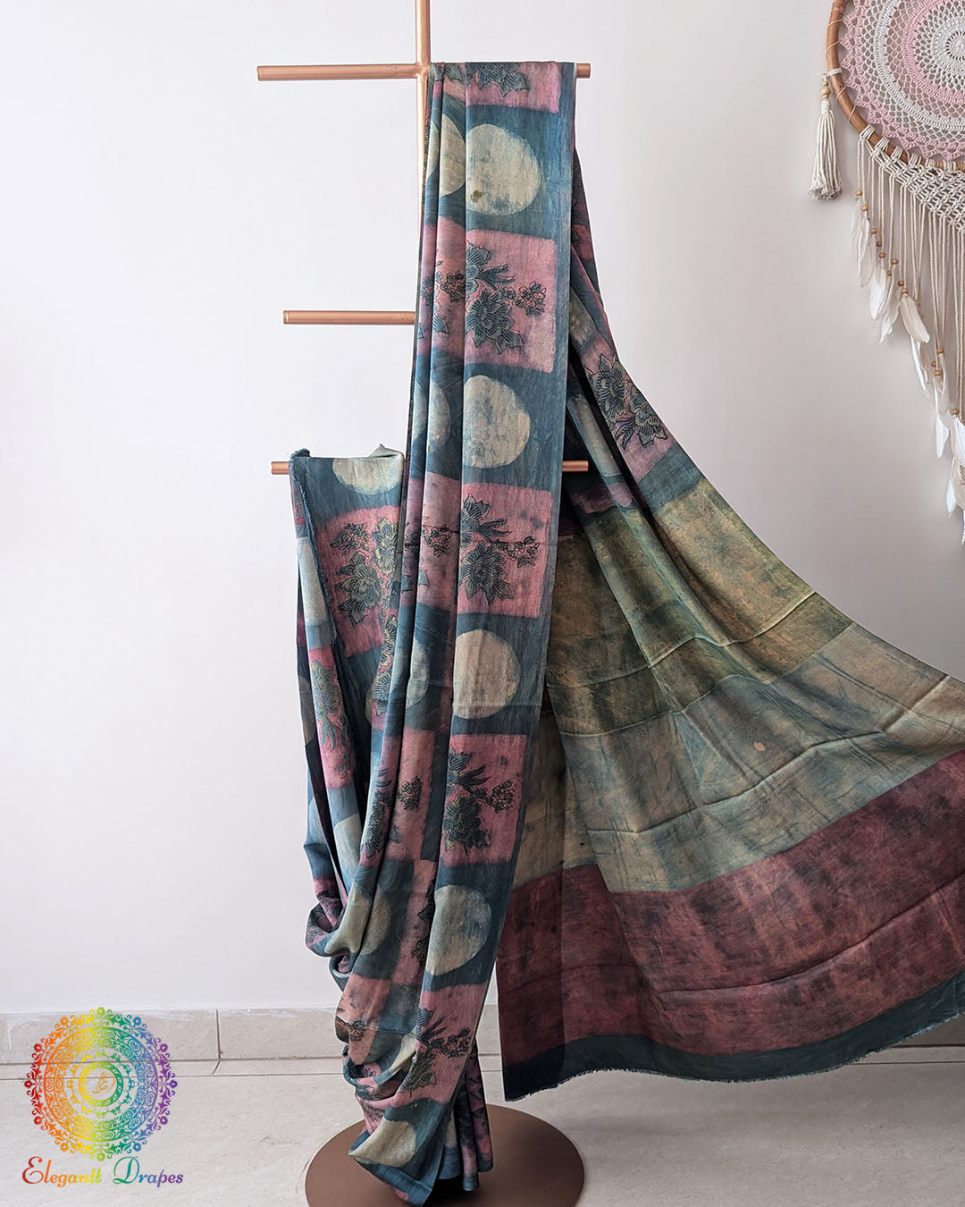 Open pallu view of Blue Nashpal Pomegranate Modal Tussar Saree