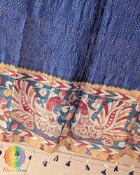 Close-up of the hand-painted Kalamkari floral border on the Navy Blue Muga Silk Dupatta