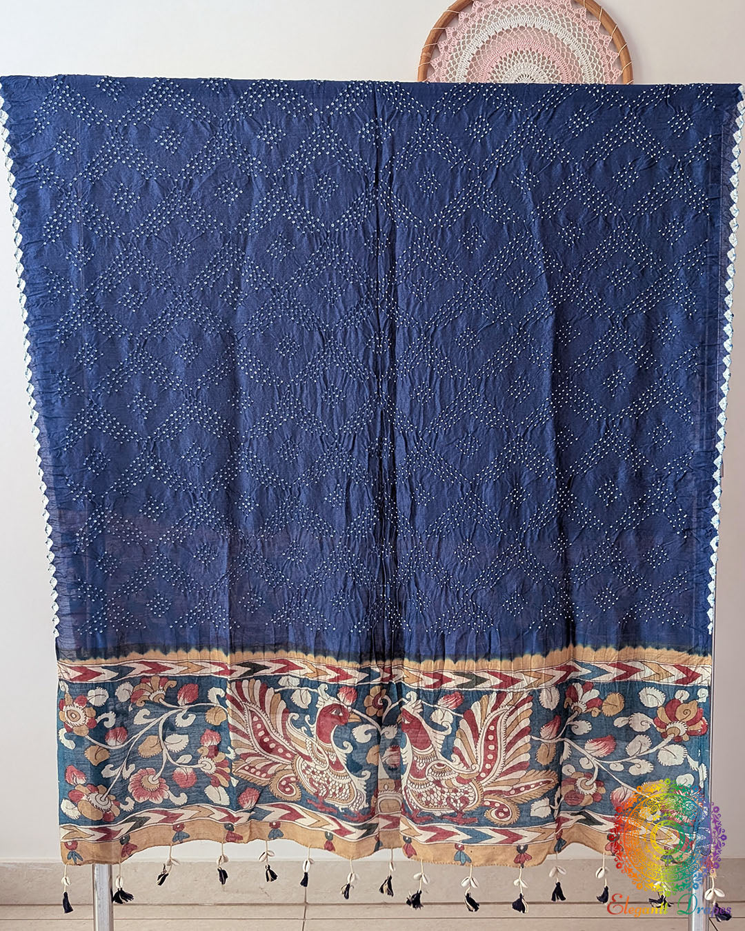 Navy Blue Muga Silk Dupatta with Bandhani body and hand-painted Kalamkari border