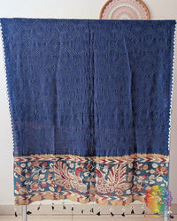 Navy Blue Muga Silk Dupatta with Bandhani body and hand-painted Kalamkari border