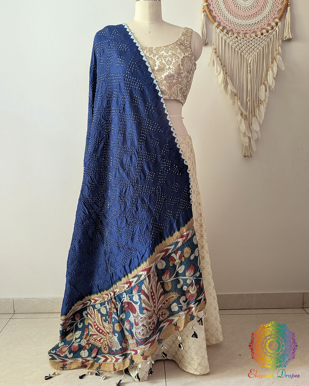 Navy Blue Bandhani Kalamkari Muga Silk Dupatta full draped view
