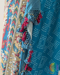 Detailed view of the tassels on the Blue Bandhani Kalamkari Muga Silk Saree