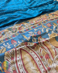 Close-up of the traditional Bandhani craftsmanship on the Blue Muga Silk Saree
