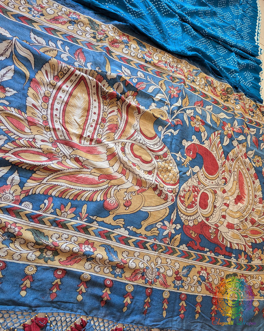 Close-up of the intricately designed pallu of the Blue Bandhani Kalamkari Muga Silk Saree