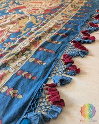 Full flat lay of the Blue Bandhani Kalamkari Muga Silk Saree showcasing the complete design and vibrant craftsmanship