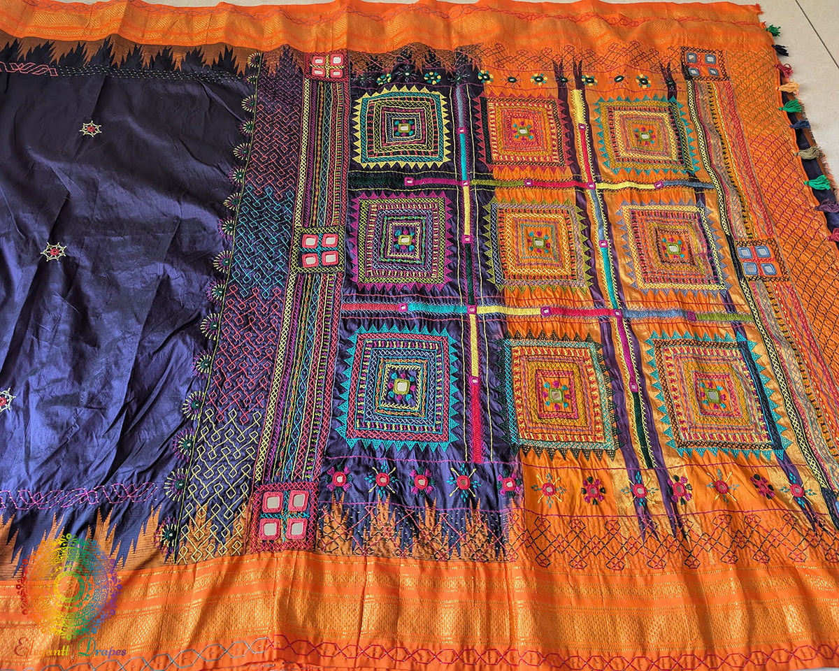Detailed view of handcrafted embroidery on orange palla of Ilkal silk saree