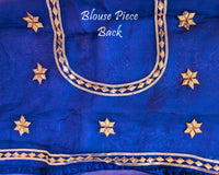 Royal Blue Organza Leheria Saree – Blouse back view featuring the coordinated Organza fabric and matching traditional Kachha Gota detailing