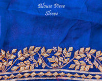 Royal Blue Organza Leheria Saree – Blouse sleeve detail showcasing the matching Organza fabric and handcrafted Kachha Gota embellishment