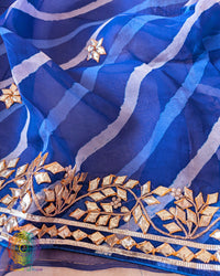 Royal Blue Organza Leheria Saree – Detailed body view showcasing the vibrant royal blue colour, delicate Organza texture and traditional Gota handwork