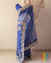 Royal Blue Organza Leheria Saree with Kachha Gota Handwork – Palla Drape showcasing the detailed palla, elegant Leheria pattern and handcrafted Kachha Gota work