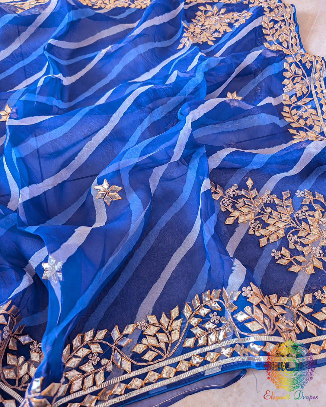 Royal Blue Organza Leheria Saree – Close view of intricate Kachha Gota Handwork against the lightweight Organza fabric and traditional Leheria pattern