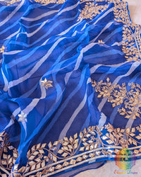 Royal Blue Organza Leheria Saree – Close view of intricate Kachha Gota Handwork against the lightweight Organza fabric and traditional Leheria pattern
