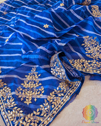 Royal Blue Organza Leheria Saree – Detailed body view highlighting the delicate Leheria waves and intricate Kachha Gota Handwork across the Organza fabric