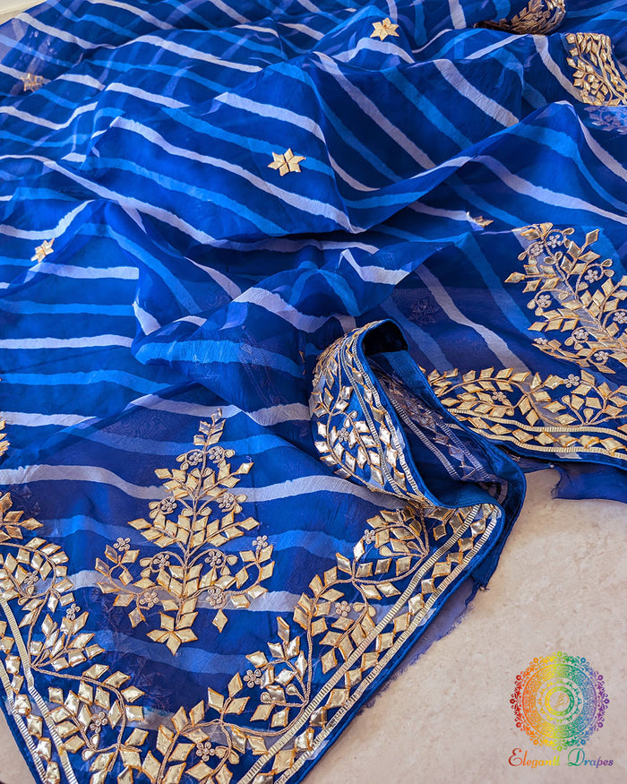 Royal Blue Organza Leheria Saree – Detailed body view highlighting the delicate Leheria waves and intricate Kachha Gota Handwork across the Organza fabric