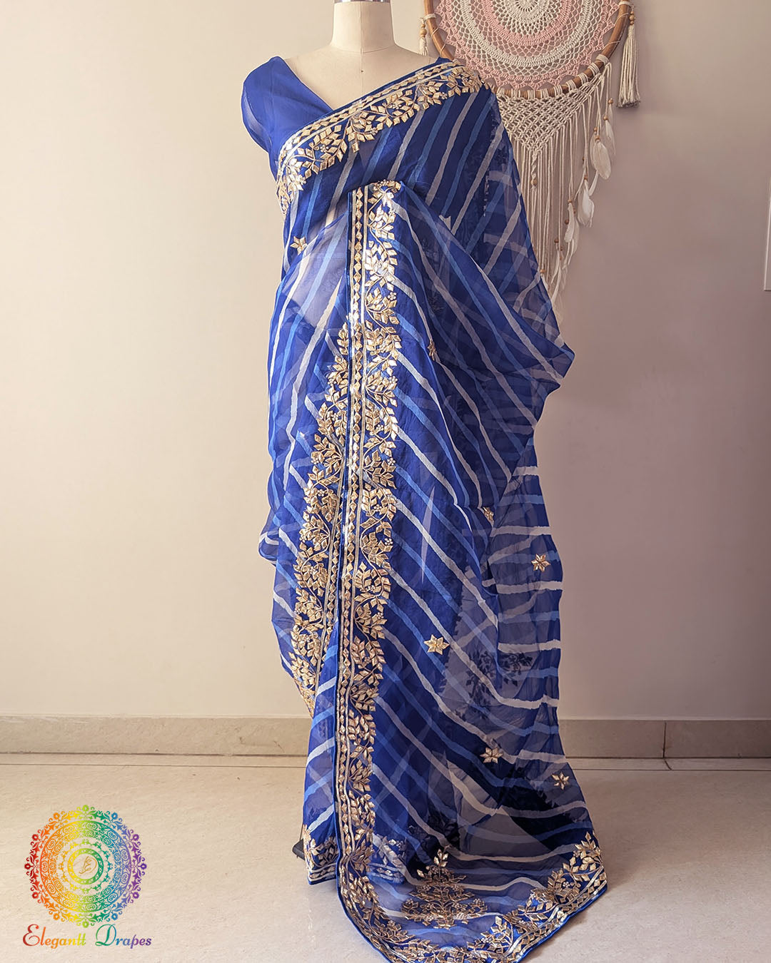 Royal Blue Organza Leheria Saree with Kachha Gota Handwork – Front Drape showcasing the rich royal blue shade, graceful Leheria pattern and intricate handcrafted Gota detailing