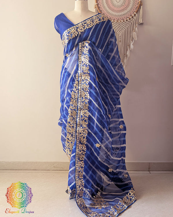 Royal Blue Organza Leheria Saree with Kachha Gota Handwork – Front Drape showcasing the rich royal blue shade, graceful Leheria pattern and intricate handcrafted Gota detailing