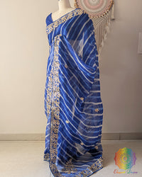 Royal Blue Organza Leheria Saree with Kachha Gota Handwork – Side Drape highlighting the lightweight Organza fabric, flowing Leheria design and traditional Kachha Gota embellishment