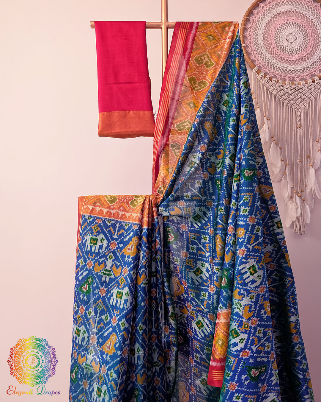 Blue rajkot patola silk saree open view displaying overall pattern