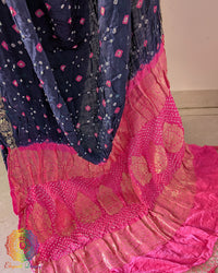 Close up of traditional Bandhani motifs on navy blue pure gaji silk saree