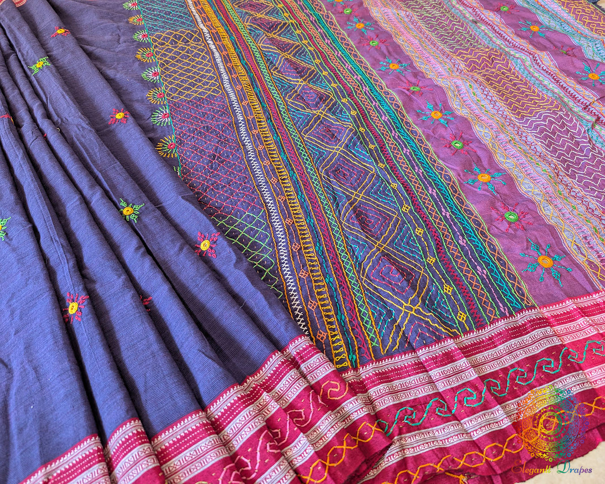 Blue Ilkal cotton saree highlighting traditional Lambani embroidery and handcrafted bootas