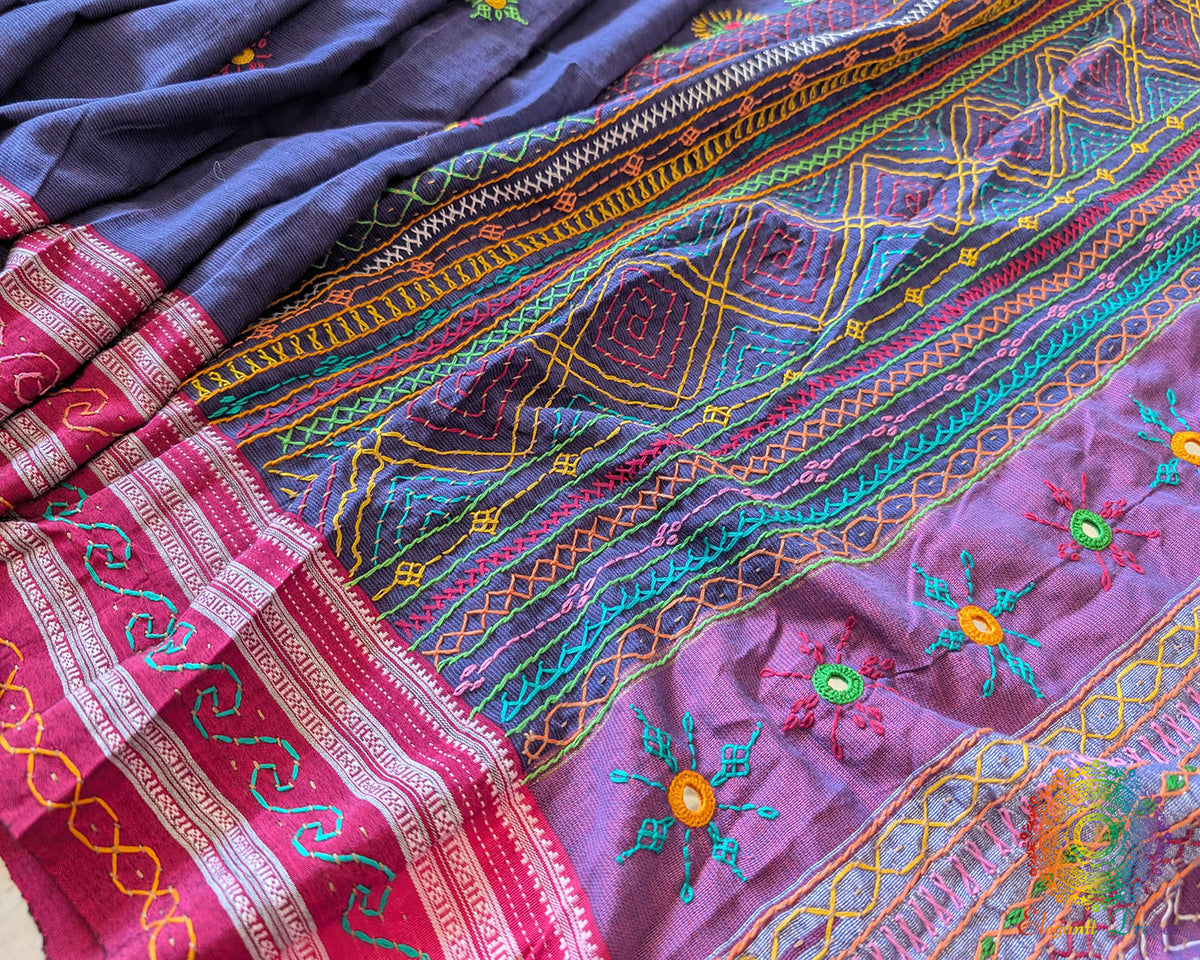 Blue Ilkal cotton saree showcasing approximately 1-meter heavy Lambani handwork on the palla