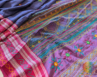 Blue Ilkal cotton saree showcasing approximately 1-meter heavy Lambani handwork on the palla
