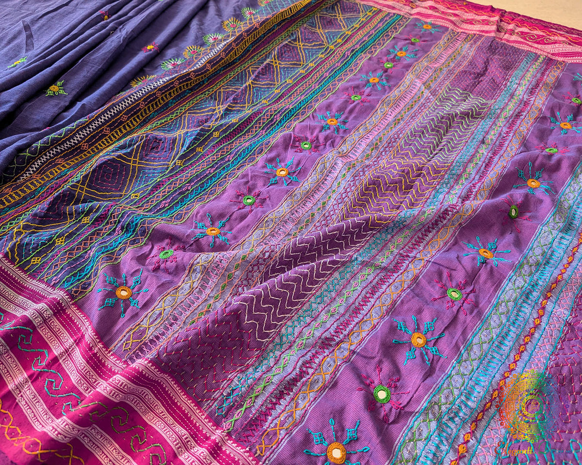 Close-up of intricate Lambani hand embroidery on the heavily embellished palla