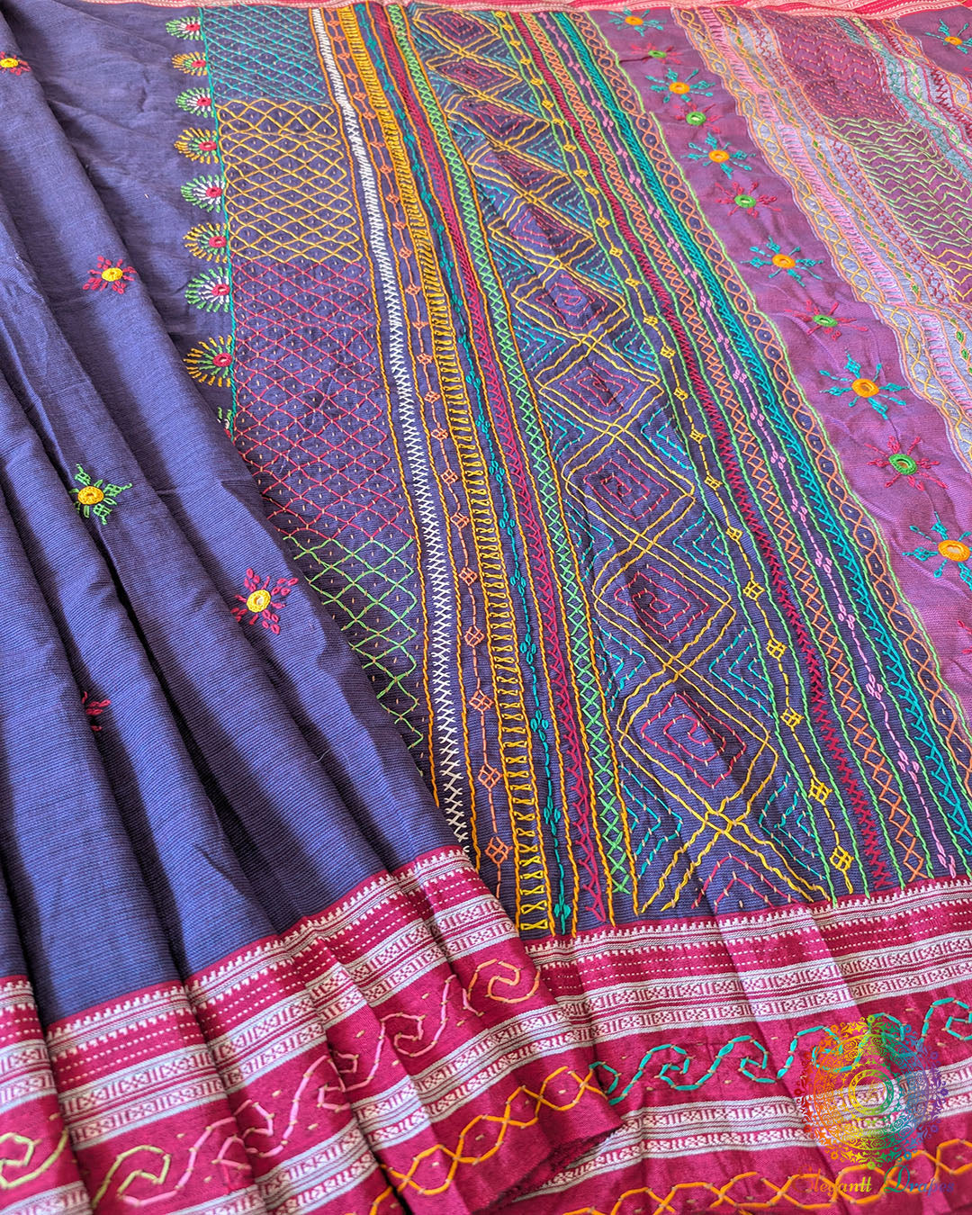Blue Ilkal cotton saree with all-over Lambani handwork and heavily embroidered palla