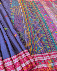 Blue Ilkal cotton saree with all-over Lambani handwork and heavily embroidered palla