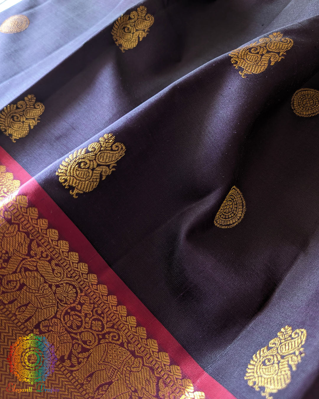 Close-up of traditional 2-Gram zari motifs on Blue Purple Kanjivaram Silk Saree