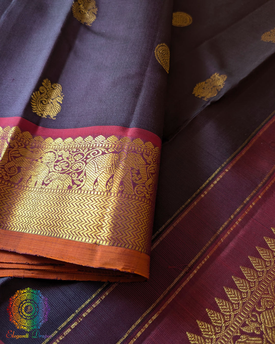 Close-up of woven zari work on Blue Purple Pure Kanjivaram Silk Saree
