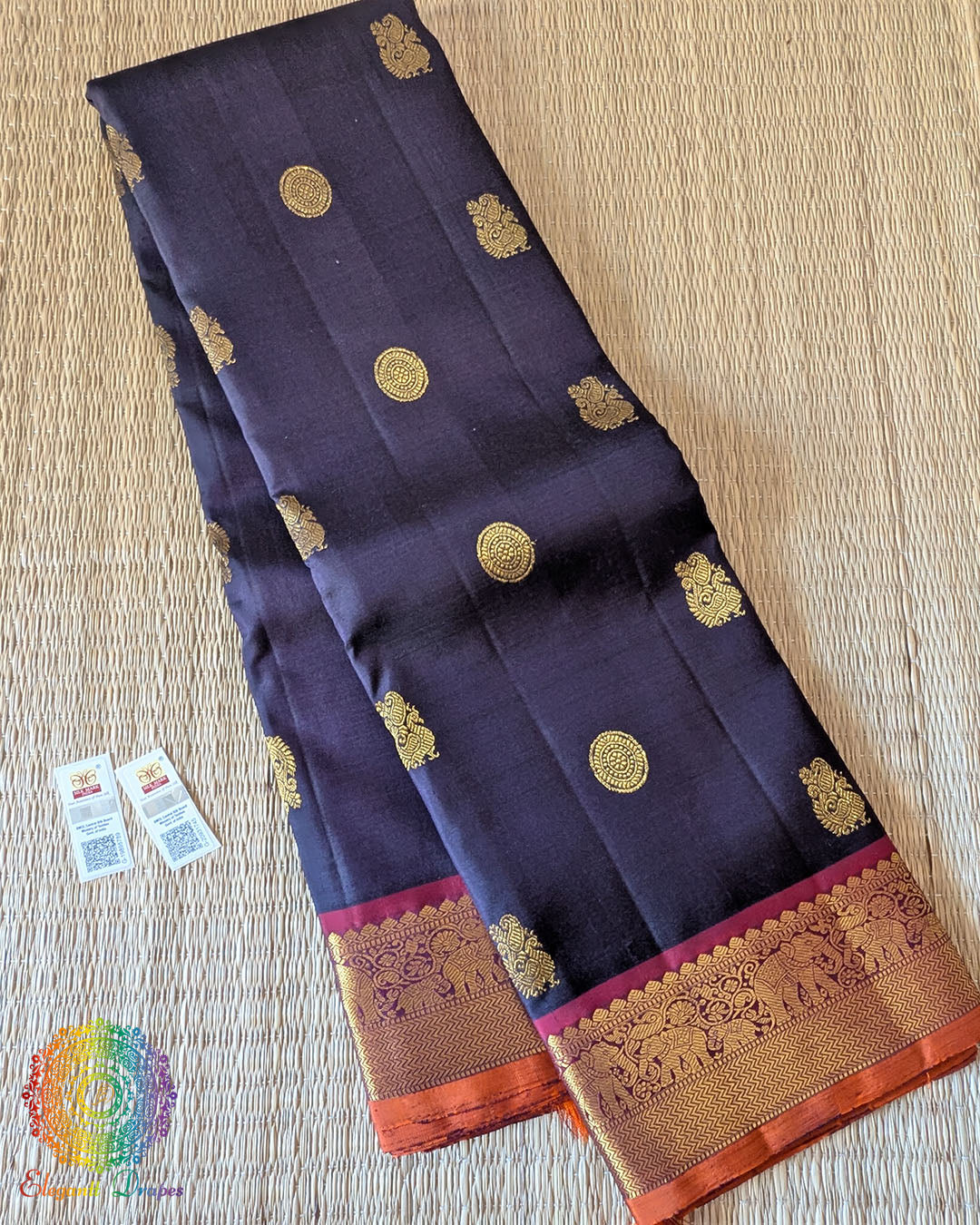 Blue Purple Pure Kanjivaram Silk Saree folded view with zari detailing
