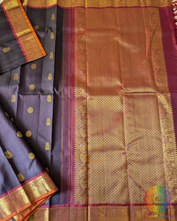 Blue Purple Pure Kanjivaram Silk Saree with 2-Gram Zari full view