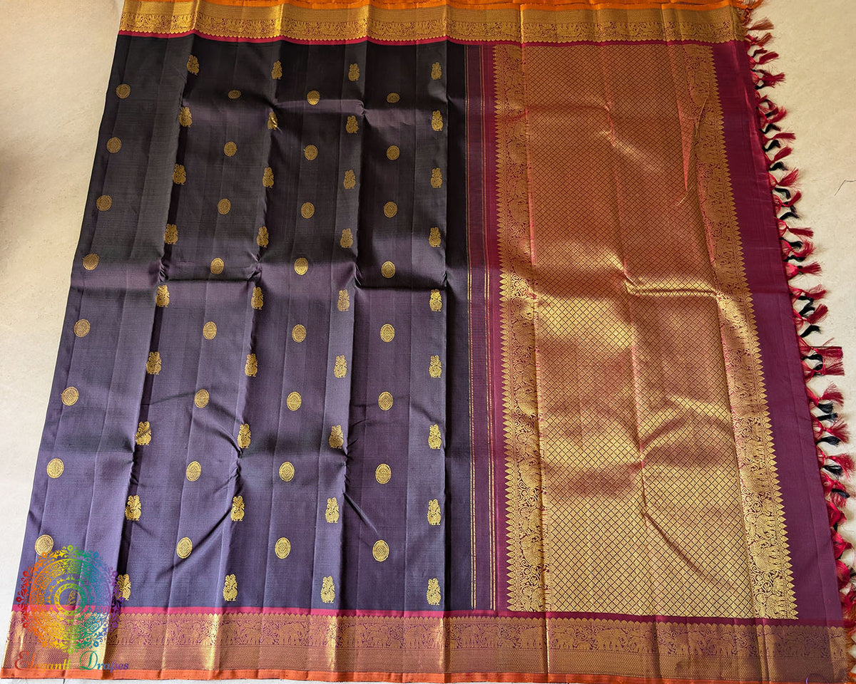 Full view of Blue Purple Pure Kanjivaram Silk Saree with 2-Gram zari border