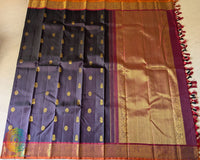 Full view of Blue Purple Pure Kanjivaram Silk Saree with 2-Gram zari border