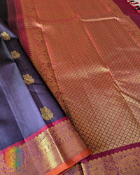 Detailed 2-Gram zari border on Blue Purple Kanjivaram Silk Saree
