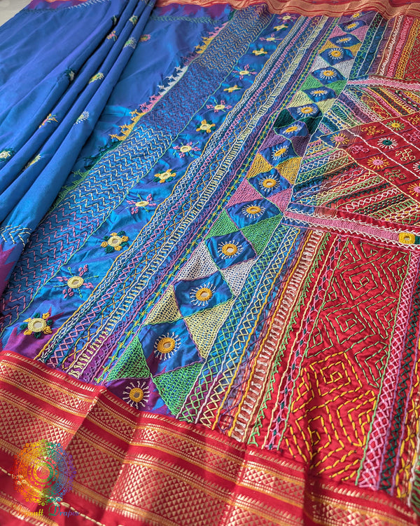 Blue Pure Ilkal Silk Saree displayed in a full-length view, showcasing the traditional Ilkal silk weave and striking blue and red colour combination.