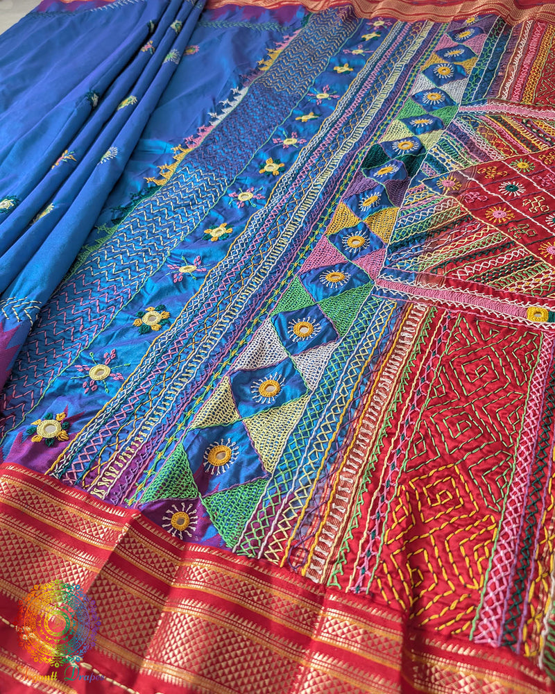 Blue Pure Ilkal Silk Saree displayed in a full-length view, showcasing the traditional Ilkal silk weave and striking blue and red colour combination.