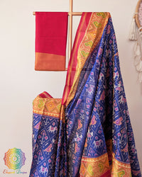 Royal blue pure mulberry silk Rajkot Patola saree close up