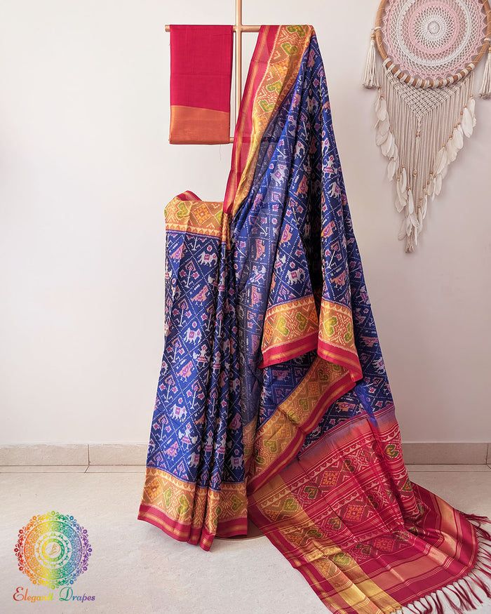 Royal blue pure mulberry silk Rajkot Patola saree drape view