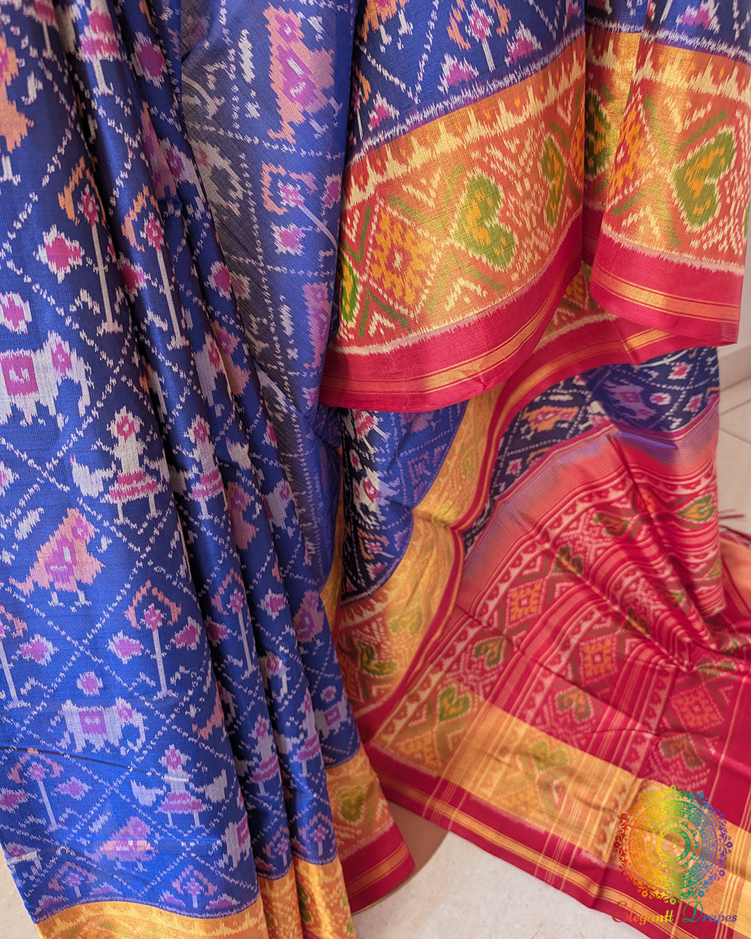 Royal blue pure mulberry silk Rajkot Patola saree pleats