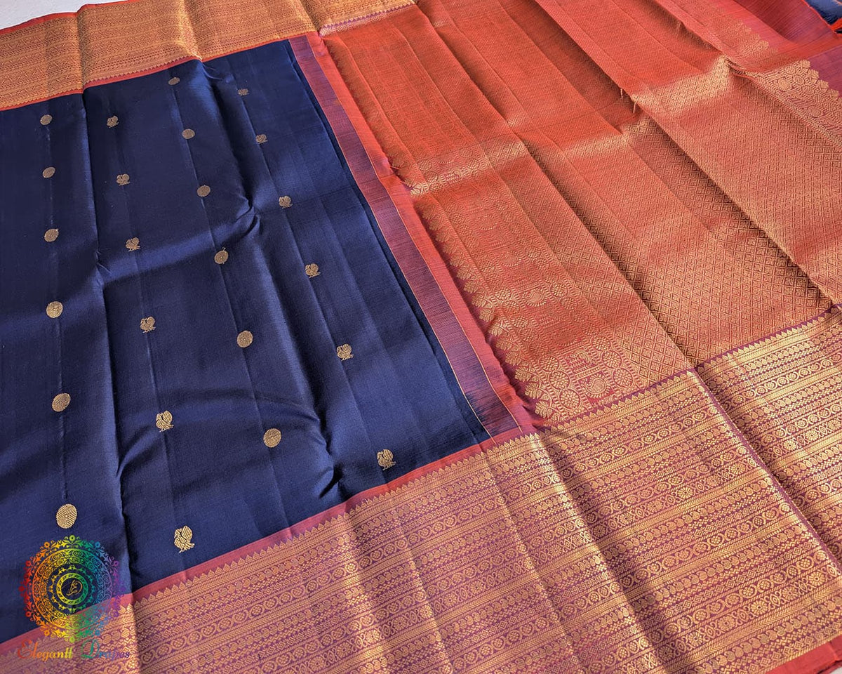 Blue rust wedding Kanjivaram silk saree folded view