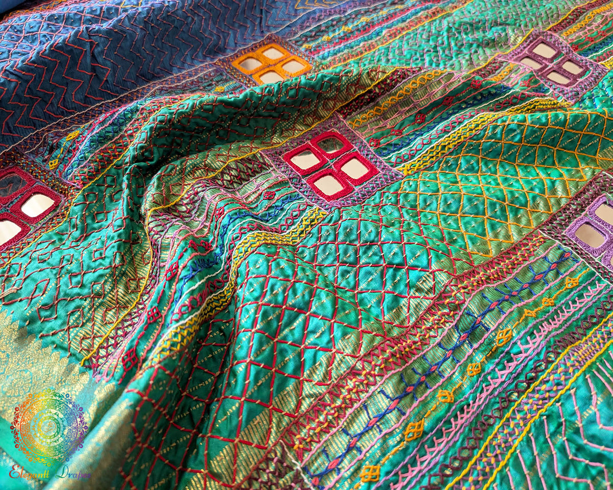 Close-up of Sindhur Lambani Handwork on Blue Kanjivaram Silk Saree